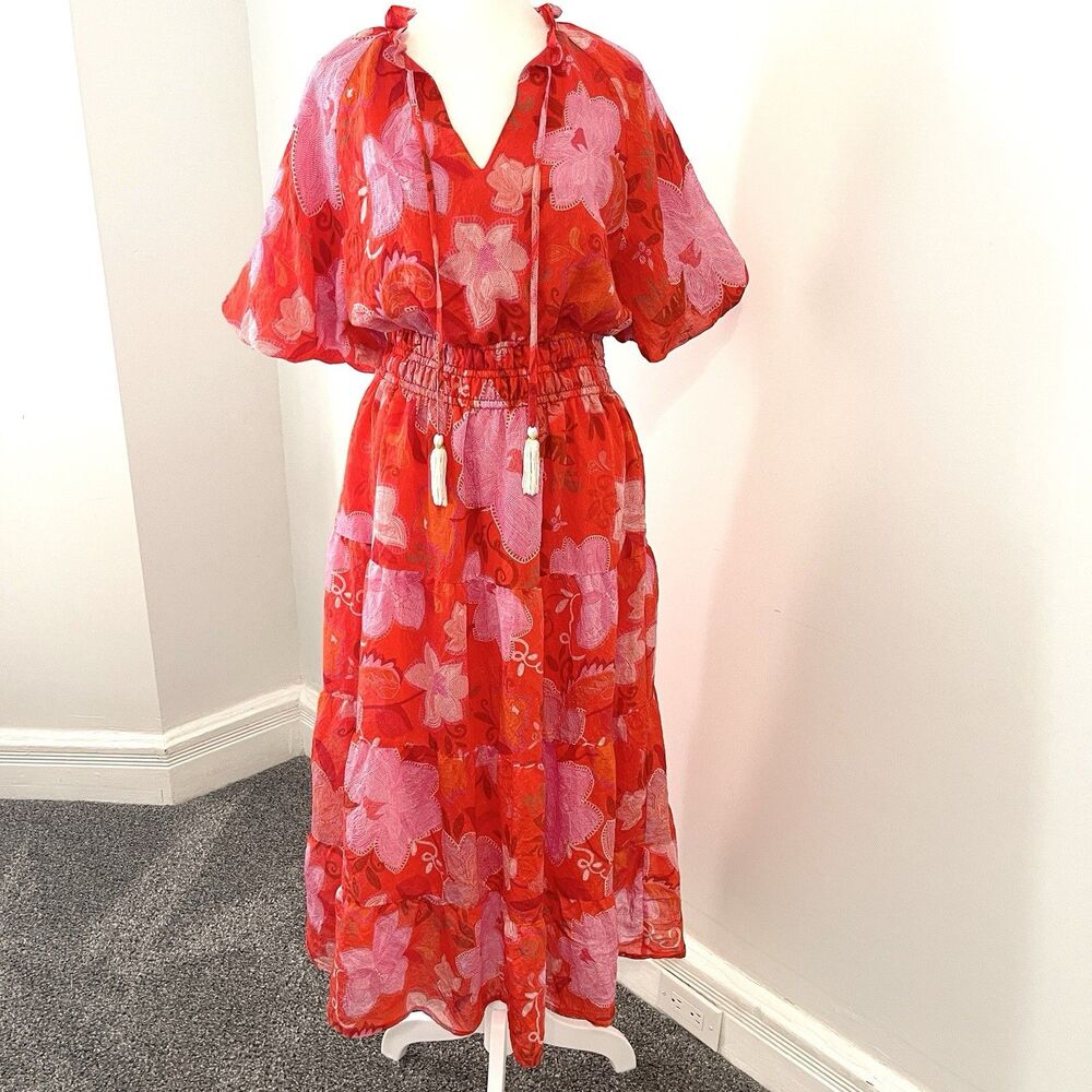 THML Anthropologie Francis Dress Size Medium Floral Puff Sleeve Tiered Maxi